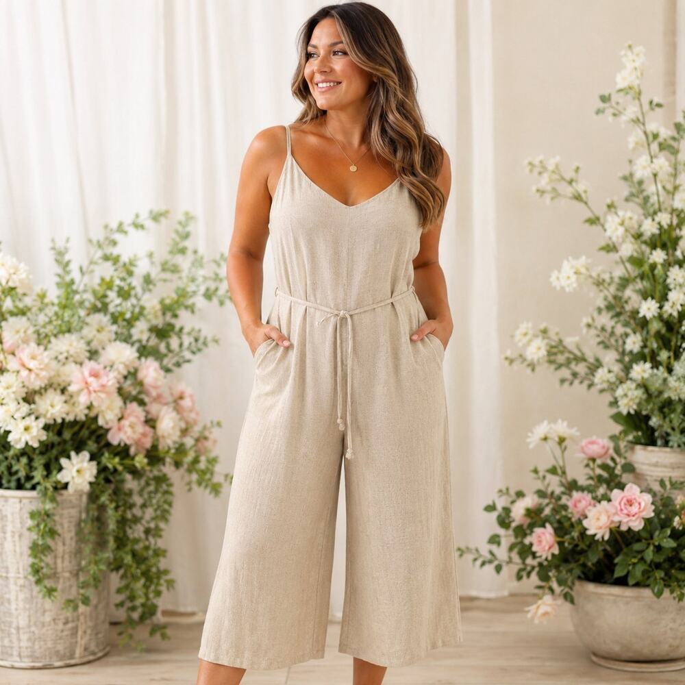 Alexander + David Jumpsuit Small Linen Rayon Wide Leg Cropped Tie Waist Pockets